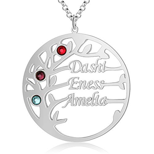 kaululu Personalisiert Damen Baum des Lebens kette mit Gravur 2 bis 4 Familie Namen Stein Namenskette 925 Silber Anhänger für Mutter BFF Schmuck Halskette Geburtstag (Silver, 3 name) von kaululu