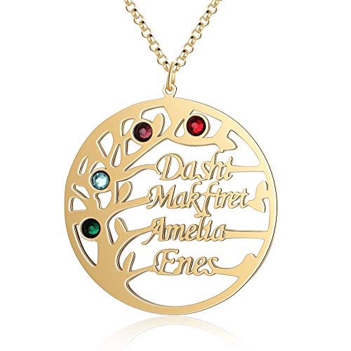 kaululu Personalisiert Damen Baum des Lebens kette mit Gravur 2 bis 4 Familie Namen Stein Namenskette 925 Silber Anhänger für Mutter BFF Schmuck Halskette Geburtstag (Gold, 3 name) von kaululu