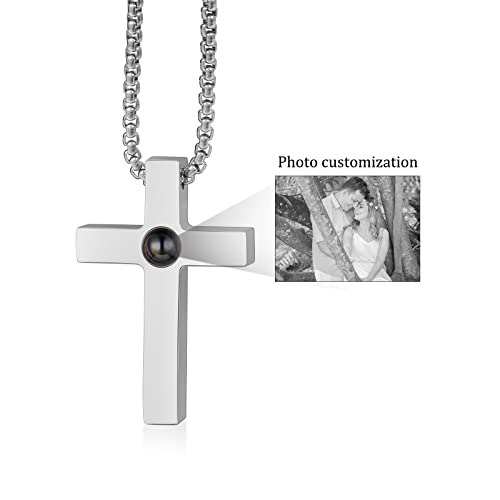 kaululu Personalisiert Foto Projektion Bild Kreuz Kette für Damen Halskette Anhänger Geschenk für Mutter Kinder Paar Weihnachten Valentinstag Geburtstag Silber Schwarz Weiß Foto von kaululu