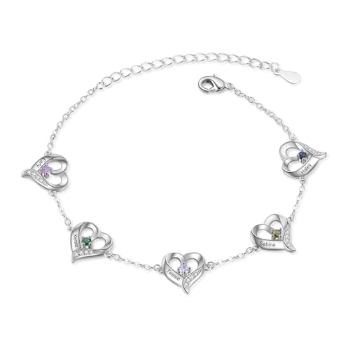 kaululu Personalisierte Damen Fußkettchen mit Namen und Geburtsstein Herz Anhänger Fußkettchen für Mama, Oma, Freundin Personalisierte Geschenke Frauen (5 Name) von kaululu