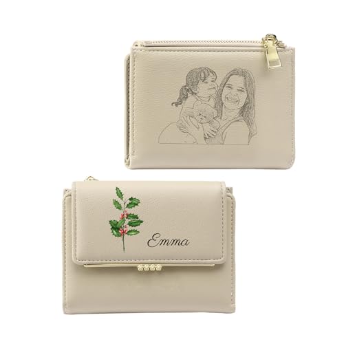 kaululu Personalisierte Damen Geldbörse mit Geburtsblumen Namen Mini-Geldbörse mit Münzkarten RFID Slim Geldbörse mit Reißverschluss für Mama Freundin Personalisierte Geschenke (Cremefarben) von kaululu