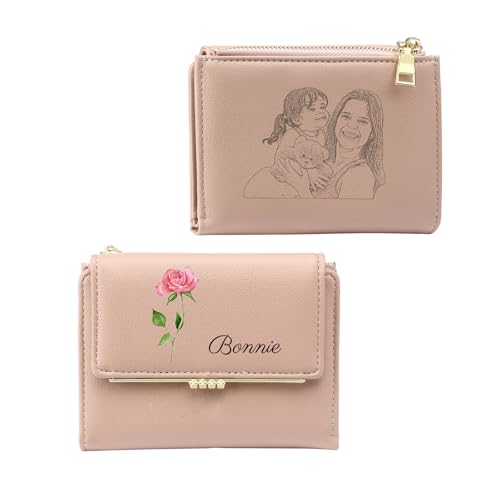 kaululu Personalisierte Damen Geldbörse mit Geburtsblumen Namen Mini-Geldbörse mit Münzkarten RFID Slim Geldbörse mit Reißverschluss für Mama Freundin Personalisierte Geschenke (Rosa) von kaululu