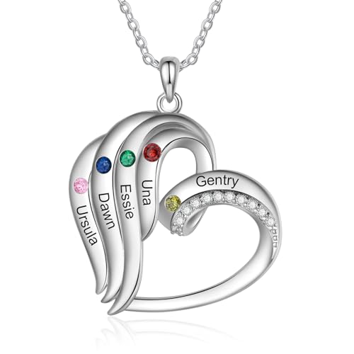 kaululu Personalisierte Damen Kette mit Gravur Herz-Anhänger Kette mit Namen der Kinder von Geburtsstein für Mama Muttertagsgeschenke Personalisierter Damen Schmuck von kaululu