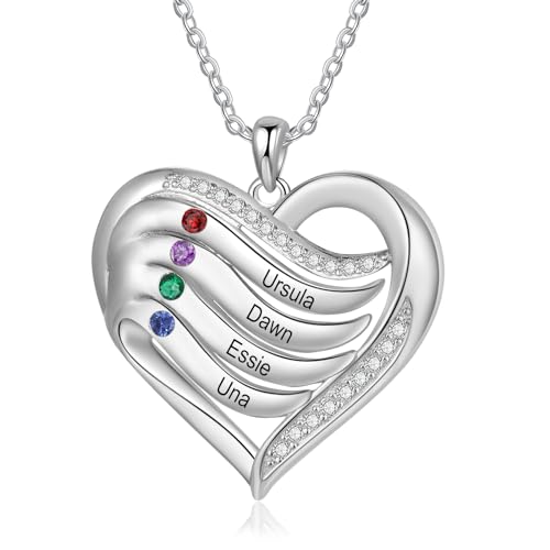 kaululu Personalisierte Damen Kette mit Gravur von Namen Herz-Anhänger Familien-Halskette mit Geburtsstein für Mama Muttertagsgeschenke Personalisierter Damen Schmuck von kaululu