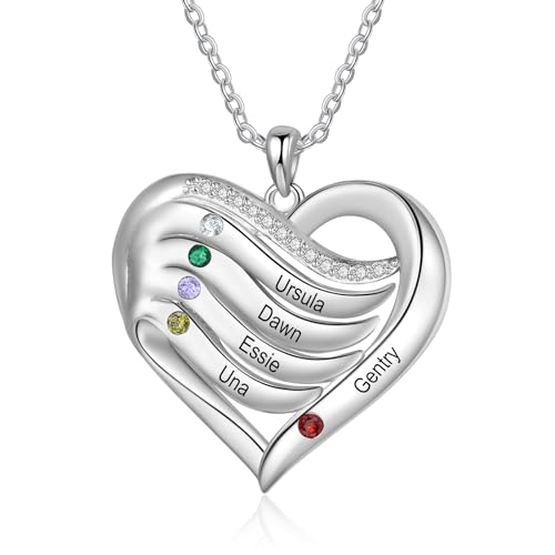 kaululu Personalisierte Damen Kette mit Gravur von Namen Herz-Anhänger Familien-Halskette mit Geburtsstein für Mama Muttertagsgeschenke Personalisierter Damen Schmuck von kaululu