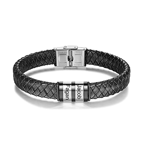 kaululu Personalisierte Schwarze Herren Lederarmbänder mit 1-6 Beads Familie Kinder Namen mit Gravur Herren Armbänder für Männer Papa Bff Personalisie Schmuck Geschenke von kaululu