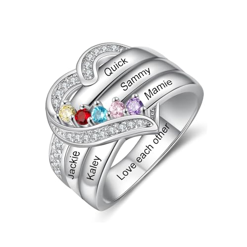 kaululu Personalisierter Damen 925 Silber Ring mit Namen Herzring mit Geburtsstein für Mama, Oma, Ehefrau Geschenk zum Muttertag, Weihnachten, Geburtstag (Name 5) von kaululu
