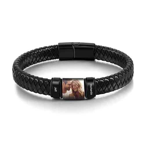 kaululu Personalisiertes Lederarmband mit Foto für Männer Herren Lederarmband Perlen mit Gravur Namen für Papa Ehemann Personalisierter Schmuck Silber Schwarz von kaululu