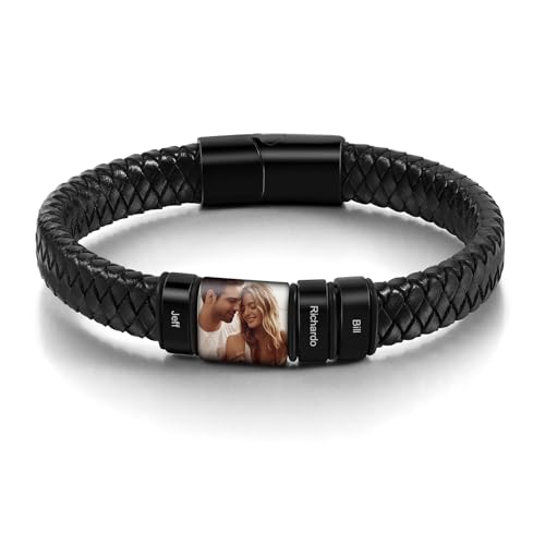 kaululu Personalisiertes Lederarmband mit Foto für Männer Herren Lederarmband Perlen mit Gravur Namen für Papa Ehemann Personalisierter Schmuck Silber Schwarz von kaululu