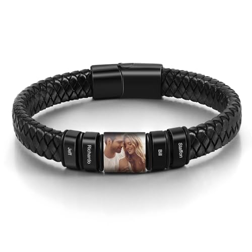 kaululu Personalisiertes Lederarmband mit Foto für Männer Herren Lederarmband Perlen mit Gravur Namen für Papa Ehemann Personalisierter Schmuck Silber Schwarz von kaululu