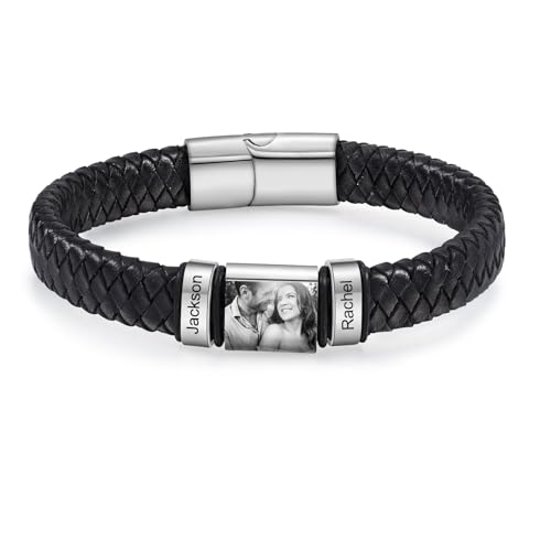 kaululu Personalisiertes Lederarmband mit Foto für Männer Herren Lederarmband Perlen mit Gravur Namen für Papa Ehemann Personalisierter Schmuck Silber Schwarz von kaululu