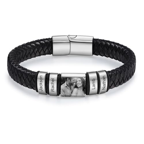 kaululu Personalisiertes Lederarmband mit Foto für Männer Herren Lederarmband Perlen mit Gravur Namen für Papa Ehemann Personalisierter Schmuck Silber Schwarz von kaululu