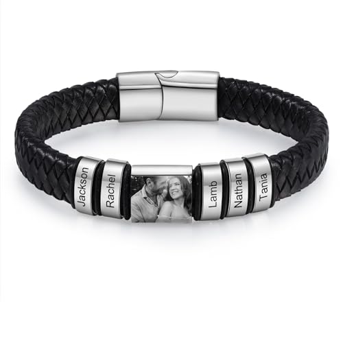 kaululu Personalisiertes Lederarmband mit Foto für Männer Herren Lederarmband Perlen mit Gravur Namen für Papa Ehemann Personalisierter Schmuck Silber Schwarz von kaululu