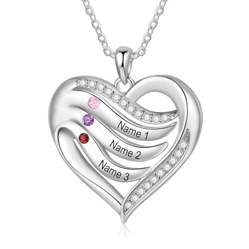 kaululu Silberkette Damen 925 mit Anhänger Personalisierte Kette Damen Herzkette mit Gravur Kette mit Familie Namen Geschenke für Mama Geburtstagsgeschenk Valentinstag (B-Name 3) von kaululu