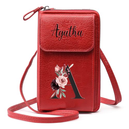 kaululu Umhängetasche Damen Personalisierte Kleine Umhängetasche Damen mit Namen Geburtsblume Handytasche zum Umhängen Crossbody Bag mit Verstellbaren Handy Umhängetasche für Mama (Brief-2, Rot) von kaululu