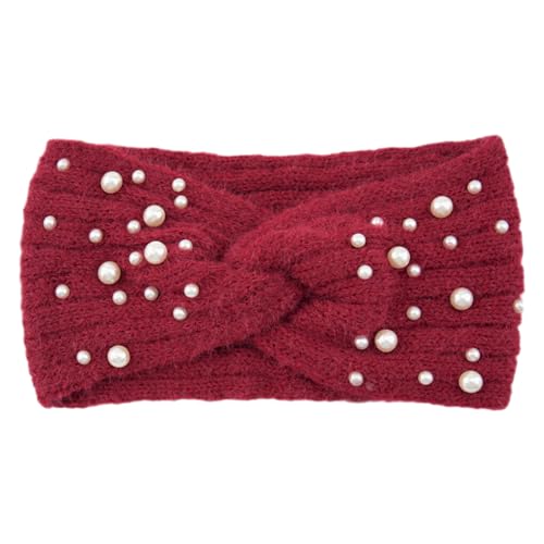 kawehiop Bleiben Sie gemütlich und stilvoll mit dem Ohrenwärmer Winter Stirnband. Bequemes und verstellbares Damen Stirnband mit gestrickten Perlen aus Polyester, Jujube rot von kawehiop