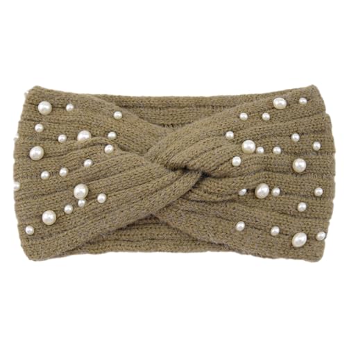 kawehiop Bleiben Sie gemütlich und stilvoll mit dem Ohrenwärmer Winter Stirnband. Bequemes und verstellbares Damen Stirnband mit gestrickten Perlen aus Polyester, khaki von kawehiop