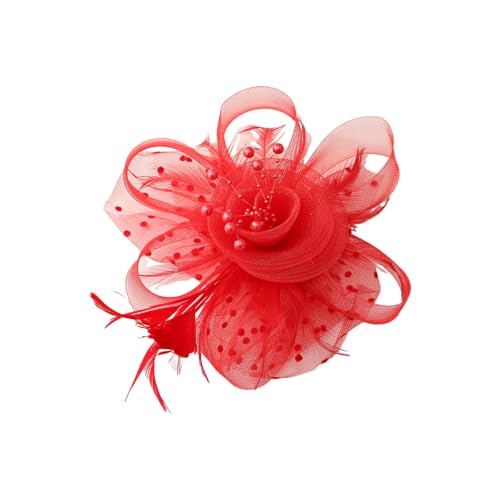 kawehiop Eleganter und anmutiger Blumen Feder Stirnband Fascinator für einen anspruchsvollen Look. Frauen Blumen Mesh Federn Clip Mischung, Rot von kawehiop