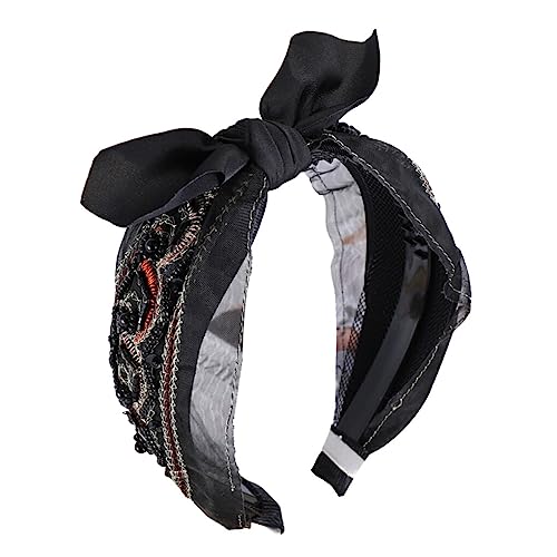 kawehiop Haarbänder Fliege Twist Knoten Stirnband Haarband Stickerei Glitzer Perlen Wrap Turban Weit verstellbare Stirnbänder Damen Accessoires, Schwarze Perlenschleife von kawehiop