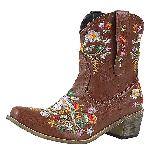 Retro bedruckte Stiefel für Damen, niedriger Absatz, einfarbig, stilvoll, klassisch, trendig, vielseitig, bequeme Schuhe, bequeme Schuhe, pflegeleicht, Herbst- und Winterschuhe, Rot, 39 EU von kaxnheye