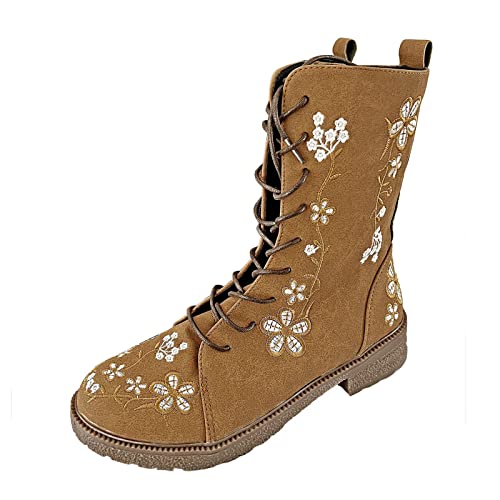 kaxnheye Bedruckte Damen-Stiefeletten, einfarbig, Schnürstiefel, bequeme und stilvolle Schuhe, Vintage-Stil, hohe Schuhe, warm, stilvoll, lässig, trendig, vielseitig, leicht, pflegeleicht, khaki, 38 von kaxnheye