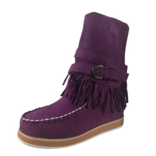 kaxnheye Damen-Stiefeletten, Retro-Stiefel, gemütlich, stilvoll, Schnalle, Gürtel, Quaste, Stiefel, niedriger Absatz, trendig, vielseitige Schuhe, einfache Schlupfschuhe, Herbst- und Winterschuhe von kaxnheye