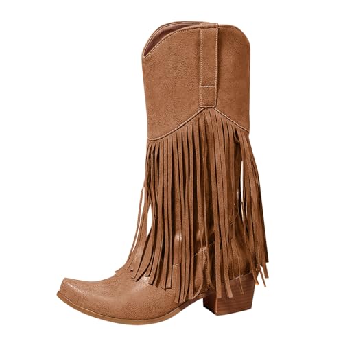 kaxnheye Westernstiefel, Damen, Gürtelschnalle, Quaste, Stiefel, wadenhoch, Leder, stilvoll, klassisch, trendig, vielseitig, einfache Schlupfschuhe, Herbst- und Winterschuhe, weiche, bequeme Schuhe von kaxnheye