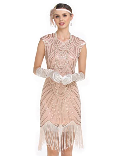 kayamiya Damen Flapper Kleider 1920er Vintage Perlen Fransen Great Gatsby Kleid mit Ärmeln Roaring 20er Jahre, Champagner, Mittel von kayamiya