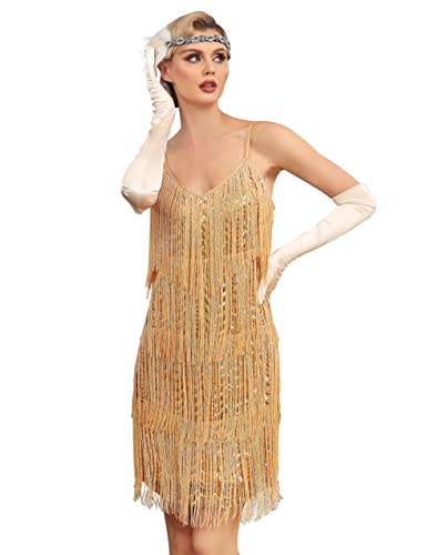 kayamiya Damen Fransen Flapper Kleid 1920er Jahre V Ausschnitt Spaghetti Träger Pailletten Party Kleid brüllend 20er Jahre Great Gatsby Kostüme, gold, 32 von kayamiya