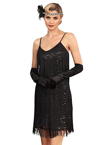 kayamiya Damen Fransen Flapper Kleid 1920er Jahre V Ausschnitt Spaghetti Träger Pailletten Party Kleid brüllend 20er Jahre Great Gatsby Kostüme, schwarz, 32 von kayamiya