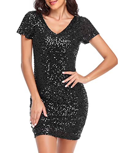 kayamiya Damen Glitzernde Pailletten Kleid Sexy Tiefer V-Ausschnitt Kurzarm Bodycon Glitzernde Mini Party Kleider, Schwarz, 36-38 von kayamiya