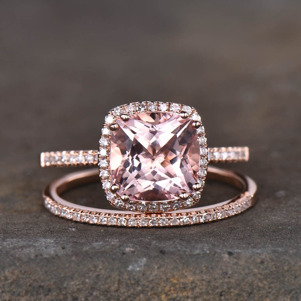 3.00 Ct Kissen Cut Morganit Verlobungsring, Rose Gold Ehering Set, Halbe Ewigkeit Jahrestag Ring von kbestdesign