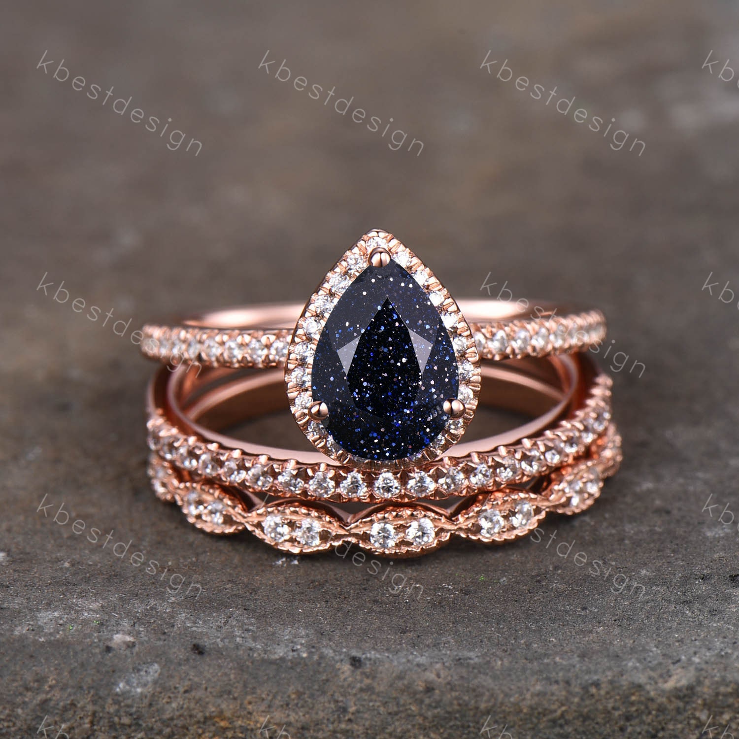 3stk Blauer Sandstein Hochzeitsset Art Deco Rosegold Ehering Birne Blauer Verlobungsring Halb Ewigkeit Bänder Versprechen Brautring von kbestdesign