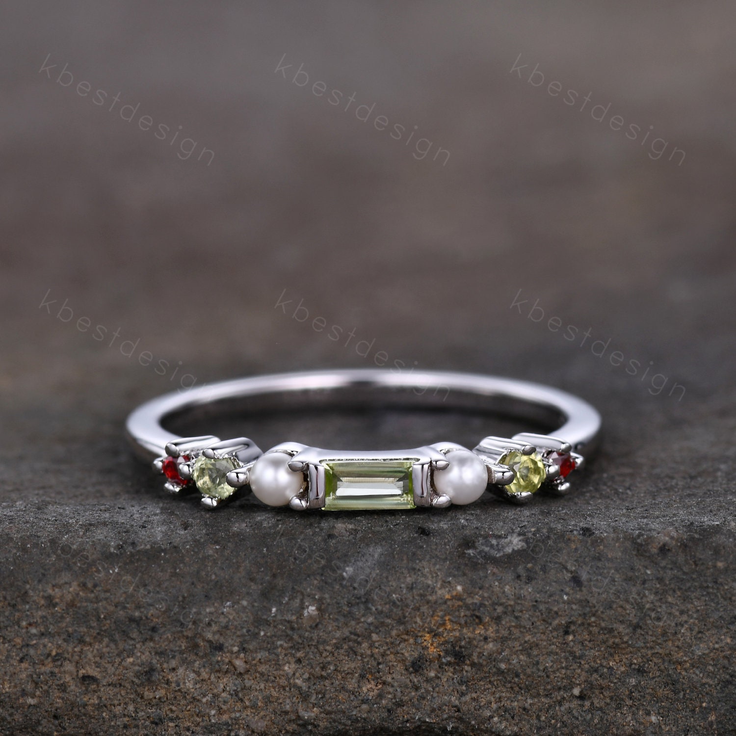 Baguette Peridot Ring, Peridot Und Perlen Ehering, Sterling Silber Multi Edelstein Ring, Geburtsstein Schmuck, Geschenk Für Mama, Personalisiertes von kbestdesign