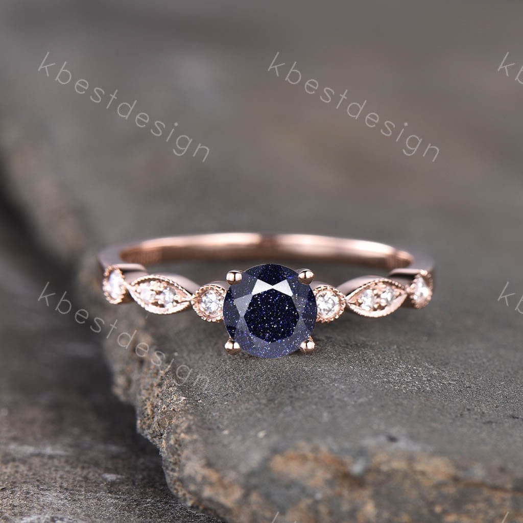 Blauer Sandstein Verlobungsring Rundschliff Ring Unikat Zierliche Ehering Art Deco Braut Versprechen Jahrestag Geschenk Rosegold von kbestdesign