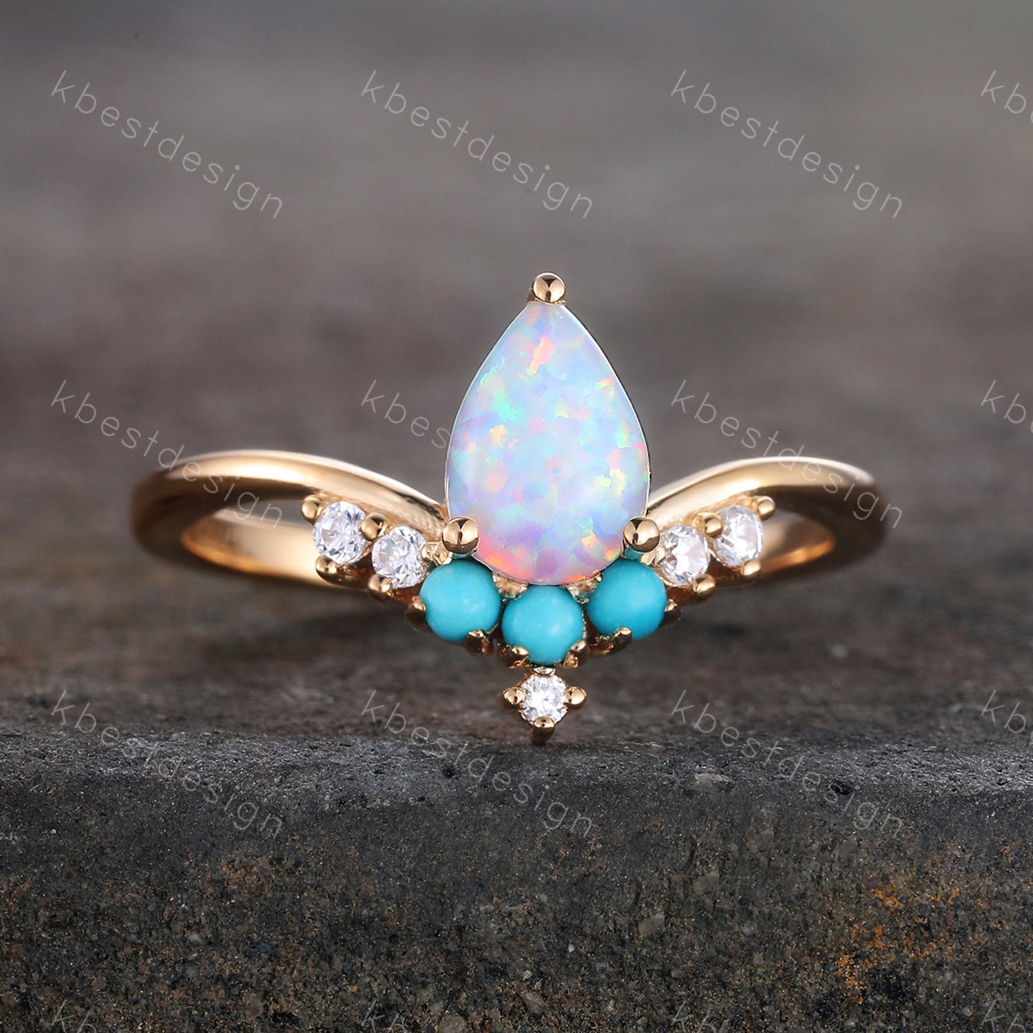 Opal Verlobungsring in Birnenform, Weißer Opalring, Türkis Ehering, Stapelring, Oktober Geburtsstein, Jahrestag Geschenk Für Sie von kbestdesign