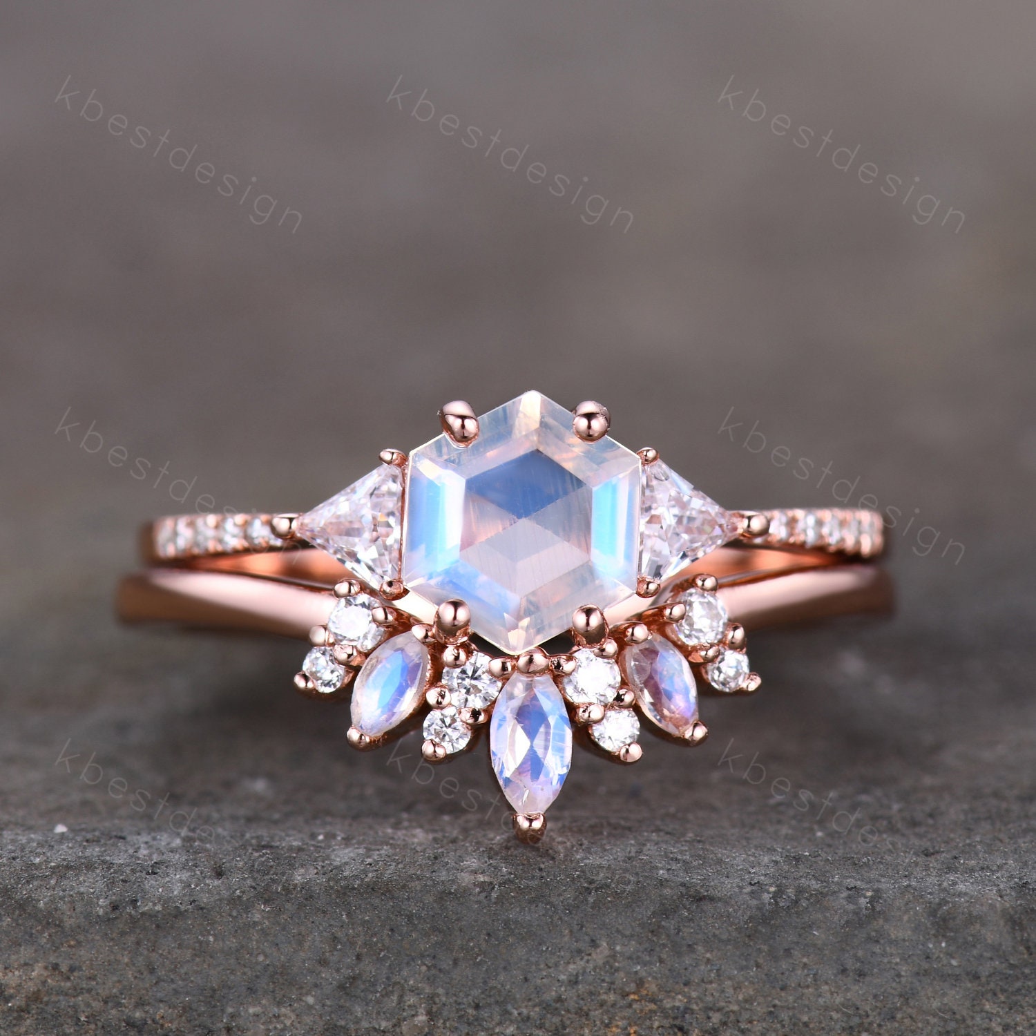 Sechseck Schliff Natürlicher Mondstein Ring Unikat Rosegold Marquise Cut Ehering Für Frauen Vintage Set Versprechen von kbestdesign