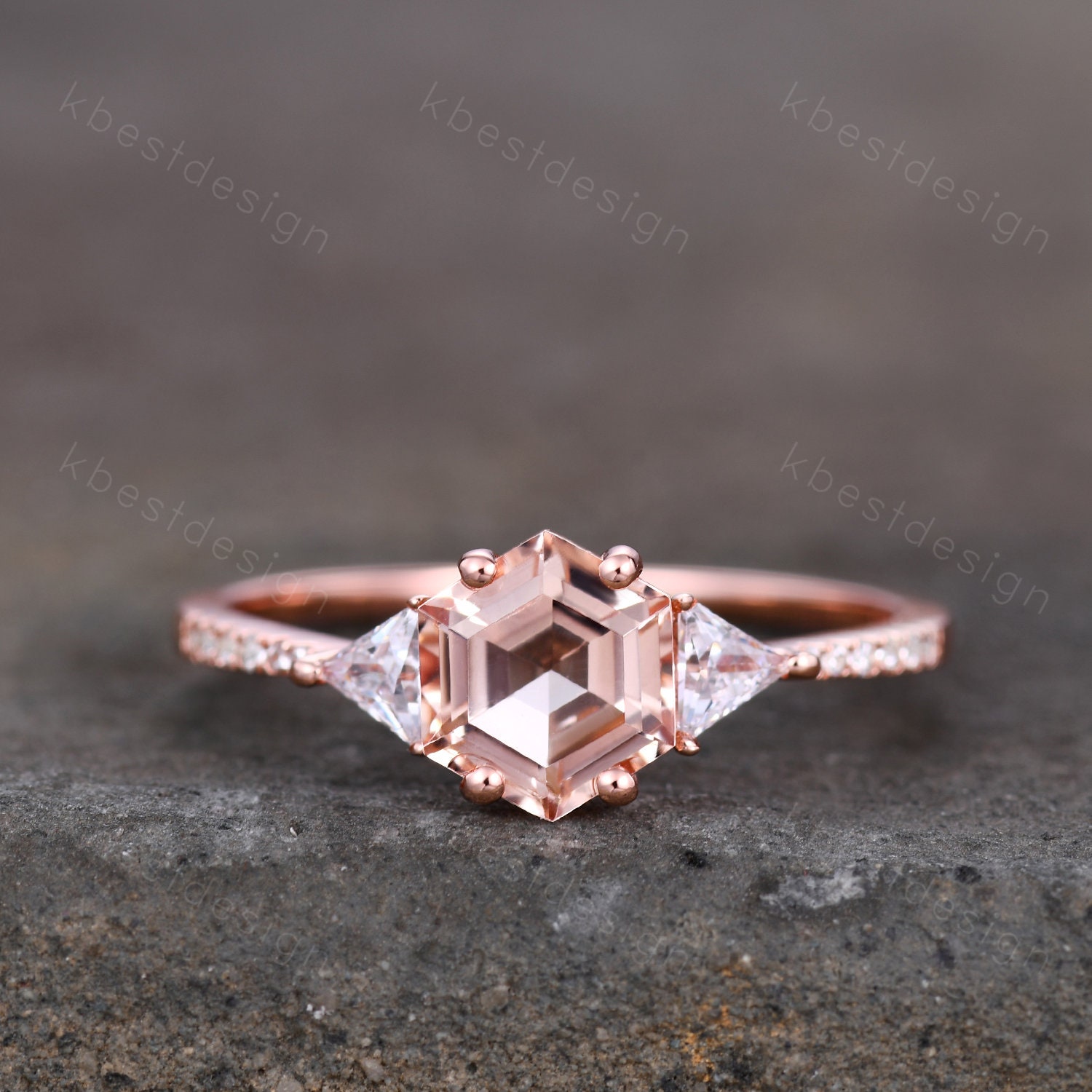 Vintage Hexagon Ringe, Rosegold Ringe Für Frauen, Drei Stein Morganit Verlobungsring, Art Deco Moissanit Brautring, Promise Ring von kbestdesign