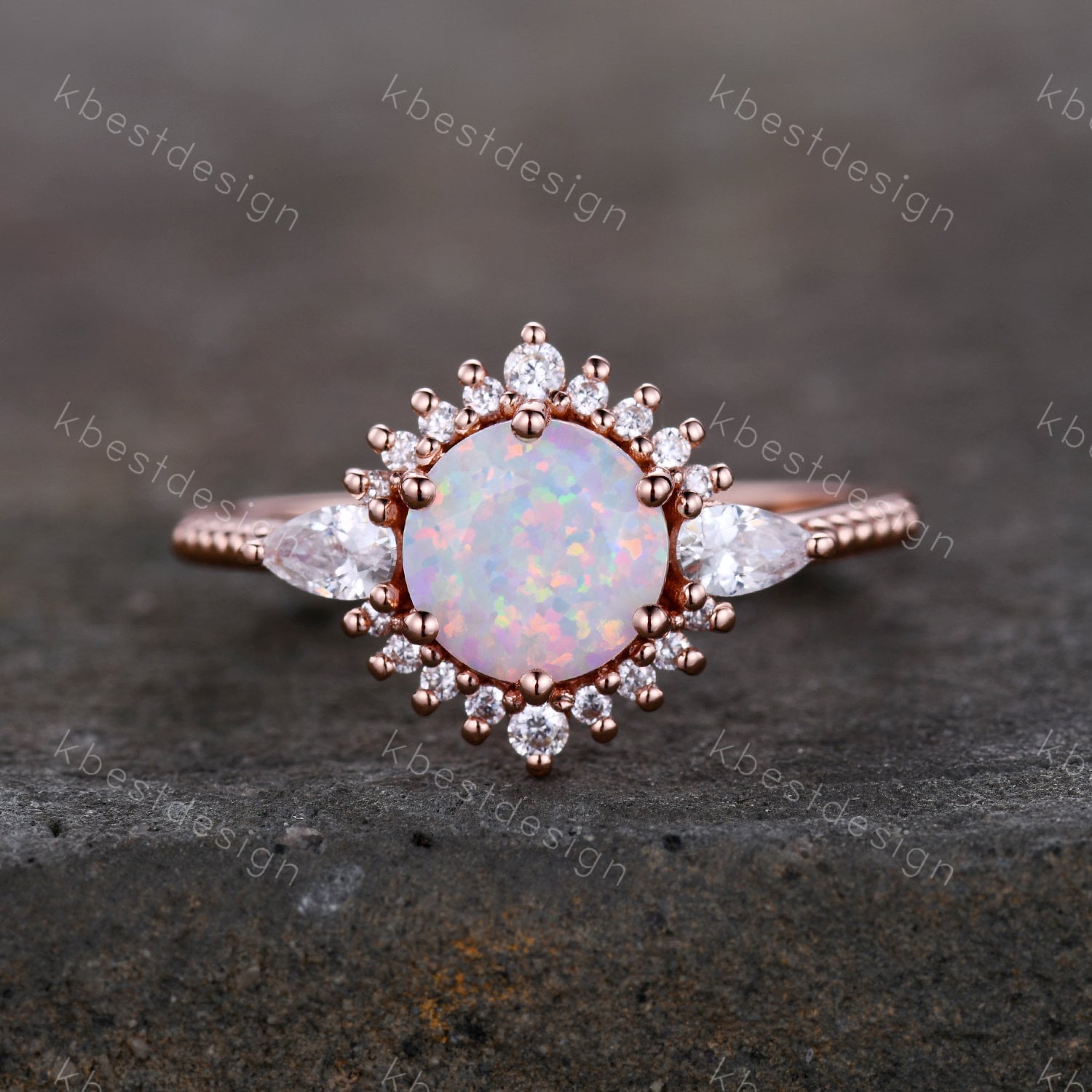 Vintage Opal Ring, Weißer Verlobungsring, Rundschliff Ehering, Oktober Geburtsstein, Roségold Halo Geschenk von kbestdesign
