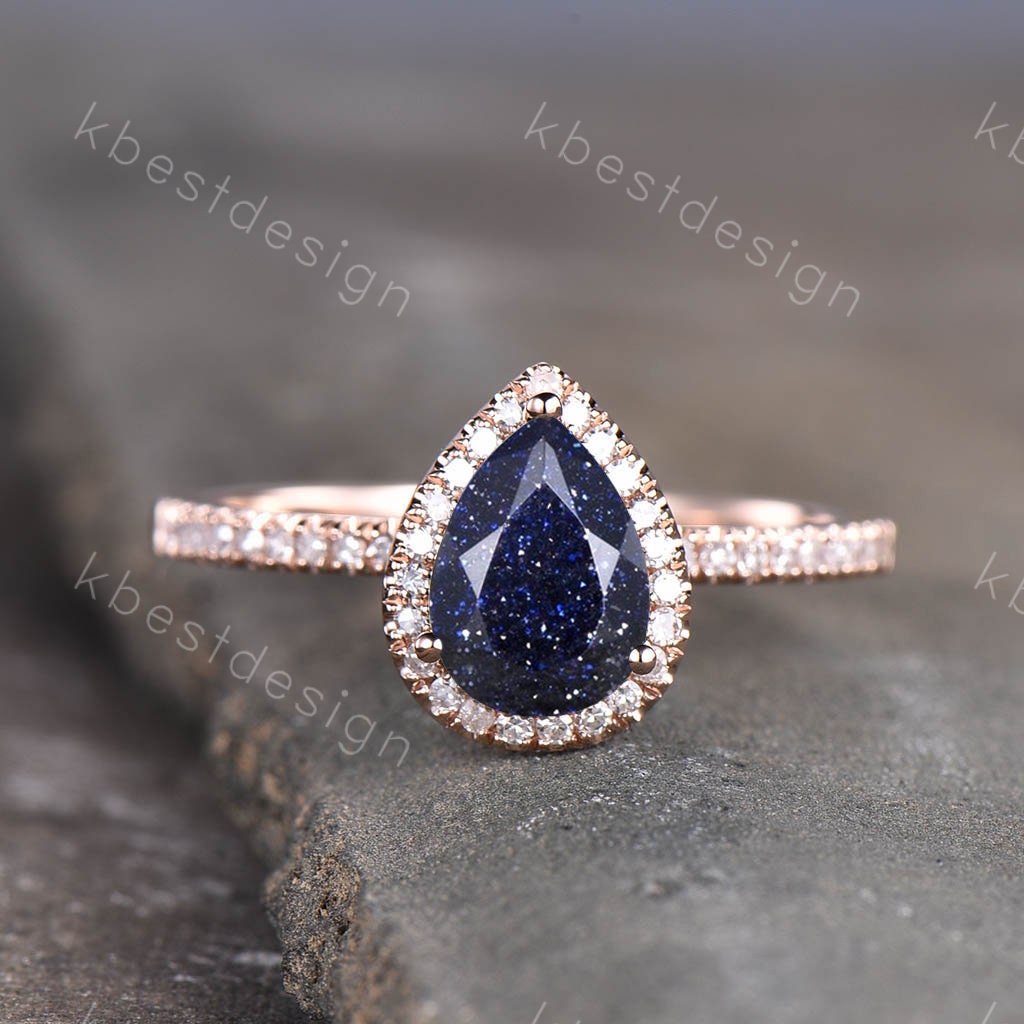 Vintage Pear Shaped Blue Sandstein Verlobungsring Roségold Diamant Heiligenschein Ehering Unikat Halb Ewigkeit Brautring Geschenk von kbestdesign