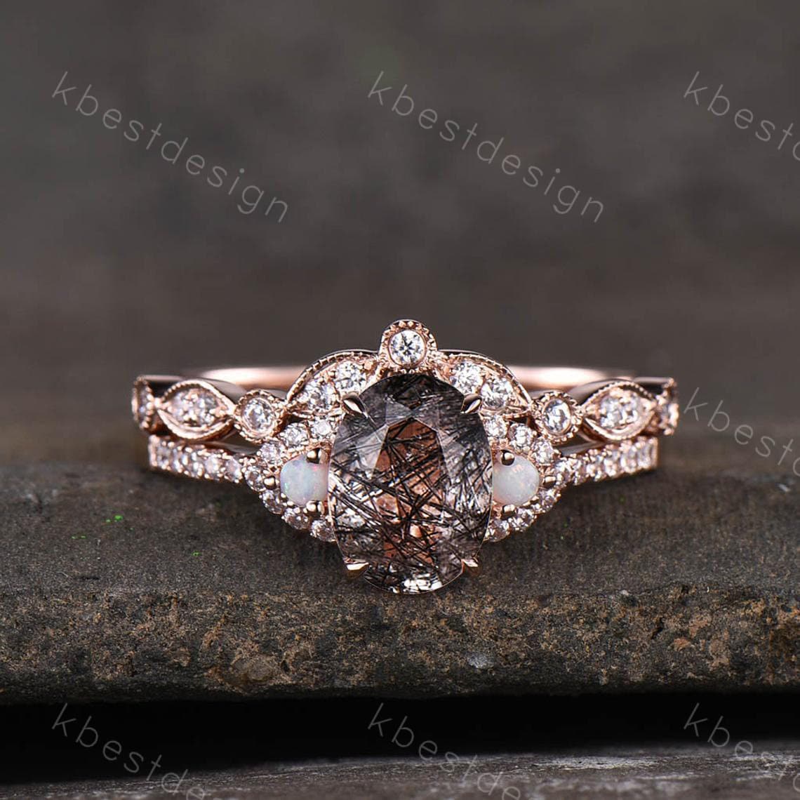 Vintage Schwarzer Rutilquarz Verlobungsring 14K Roségold Ovalschliff Ring Art Deco Gebogenes Stapelband Einzigartiges Braut Ehering Set von kbestdesign