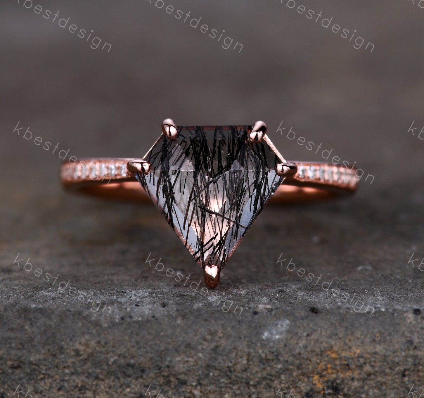 Vintage Schwarzquarz Rutil Verlobungsring Unikat Rosegold Braut Ehering Pentagon Cut Ring Edelstein Versprechen von kbestdesign