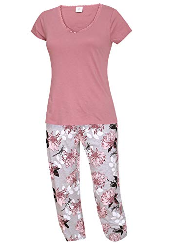 kbsocken Langer Damen Schlafanzug Nachtwäsche Pyjama Schlafhose Lange Hose mit Blumenmotiv T-Shirt Rosa S M L XL (M) von kbsocken