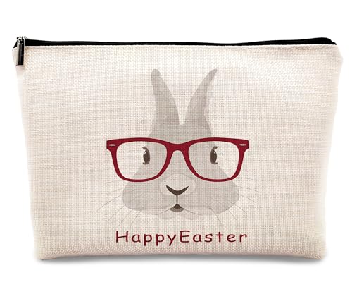 kdqua Make-up-Tasche mit Aufschrift "Happy Easter", grünes Kaninchen-Ei, Teenager, Mädchen, Urlaubsgeschenk, Leinen, Kosmetiktasche, Reißverschluss, Reise-Kulturbeutel, Osterhasen-Druck, Geschenke für von kdqua