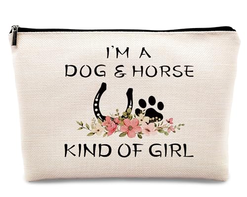 kdqua Make-up-Tasche mit Pferdemotiv, Geschenk für Pferdeliebhaber, Mädchen, Frauen, Ich bin ein Hund und Pferd, Geschenk für Pferdeliebhaber, Hundemutter, Cowgirl, Reitsport, Leinen, Kosmetiktasche von kdqua