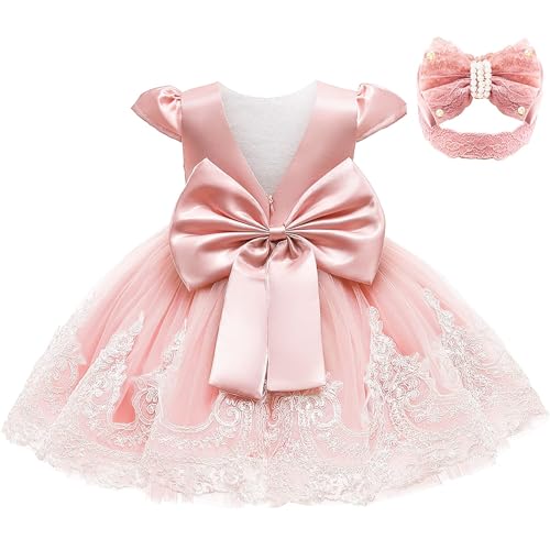 keaiyouhuo 0-6T Baby Mädchen Spitze Backless Tüll Prinzessin Kleider Bestickte Festzug Party Fliegen Ärmel Kleid mit Schleife Kopfbedeckung,Baby Rosa von keaiyouhuo