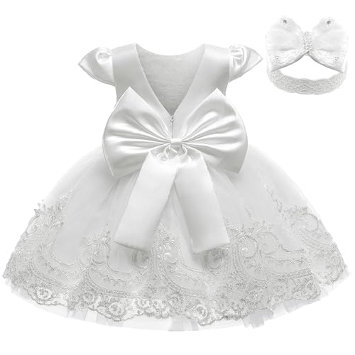 keaiyouhuo Baby Mädchen Spitze Backless Tüll Prinzessin Kleider Hochzeitsfeier Fliegende Ärmel Kleid mit Bogen Headwear von keaiyouhuo