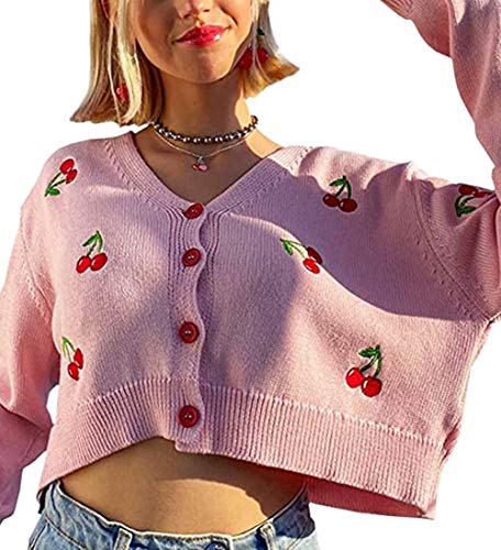 Damen Langarm Preppy Style 90er Jahre Kirsche Stickerei Crop Button Down Strick Cardigan Sweater Jumper von keephen