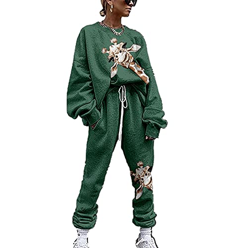 Damen Lustiger Giraffe Grafik Print Langarm Trainingsanzug 2 Stück Set Fashion Casual Giraffe Print Langarm und Hose von keephen