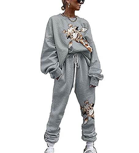 Damen Lustiger Giraffe Grafik Print Langarm Trainingsanzug 2 Stück Set Fashion Casual Giraffe Print Langarm und Hose von keephen